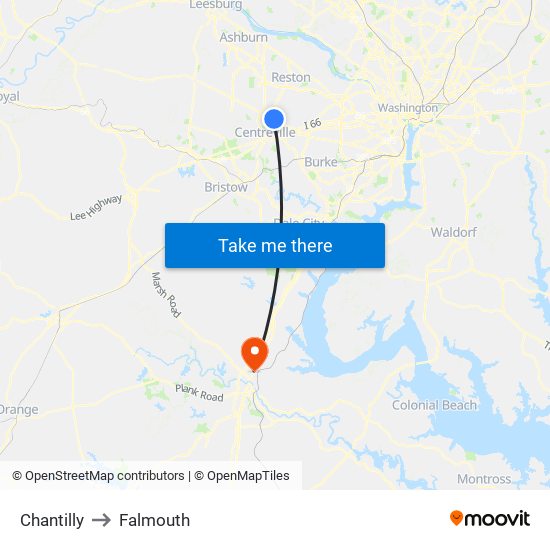 Chantilly to Falmouth map