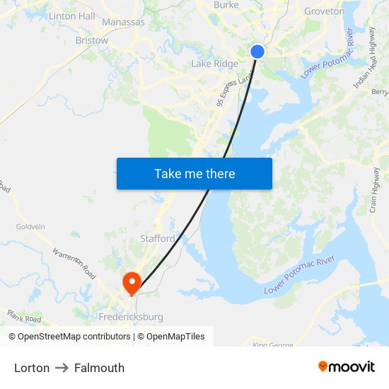 Lorton to Falmouth map