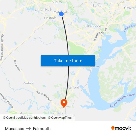 Manassas to Falmouth map