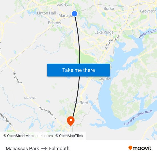 Manassas Park to Falmouth map