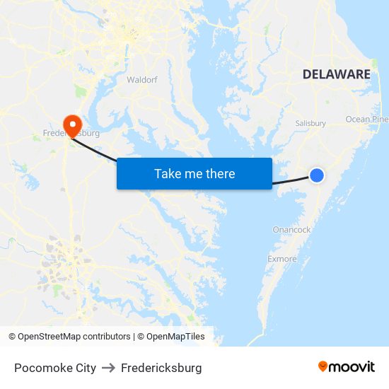 Pocomoke City to Fredericksburg map