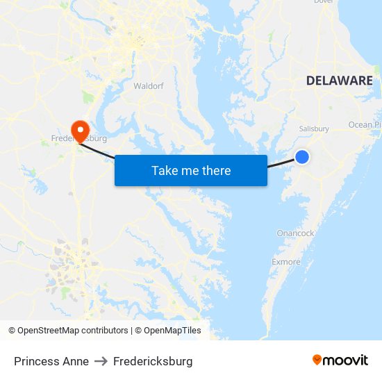 Princess Anne to Fredericksburg map