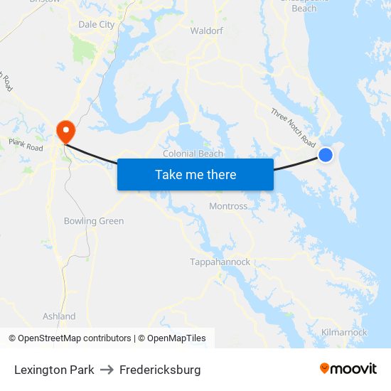 Lexington Park to Fredericksburg map