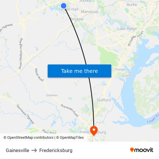 Gainesville to Fredericksburg map