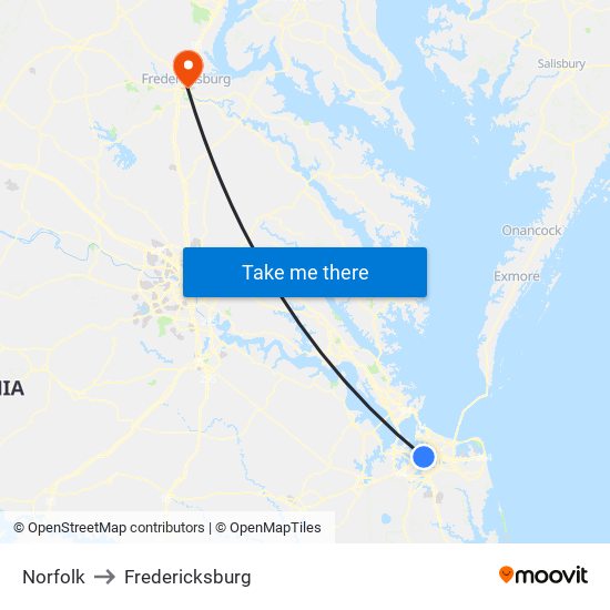 Norfolk to Fredericksburg map