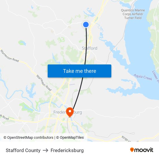 Stafford County to Fredericksburg map