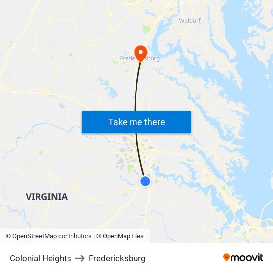 Colonial Heights to Fredericksburg map