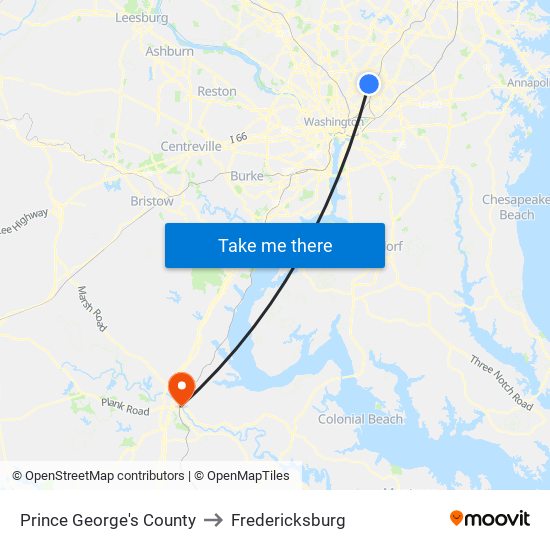 Prince George's County to Fredericksburg map