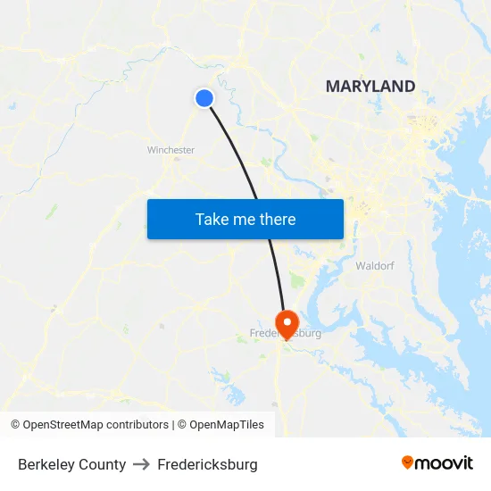 Berkeley County to Fredericksburg map