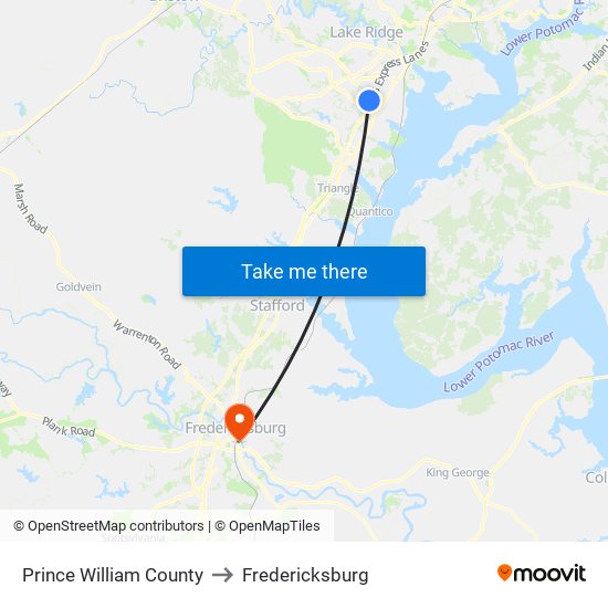 Prince William County to Fredericksburg map