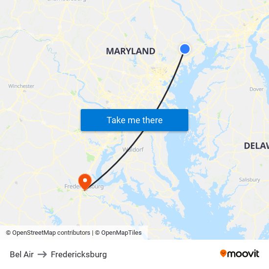 Bel Air to Fredericksburg map