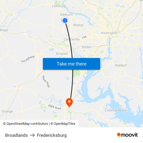 Broadlands to Fredericksburg map