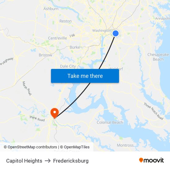 Capitol Heights to Fredericksburg map