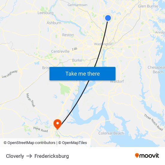 Cloverly to Fredericksburg map