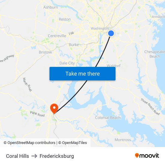 Coral Hills to Fredericksburg map