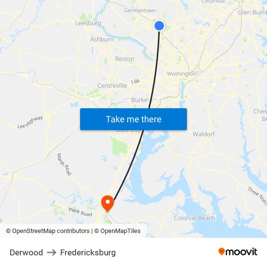 Derwood to Fredericksburg map