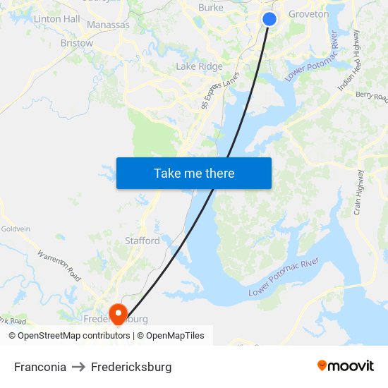 Franconia to Fredericksburg map