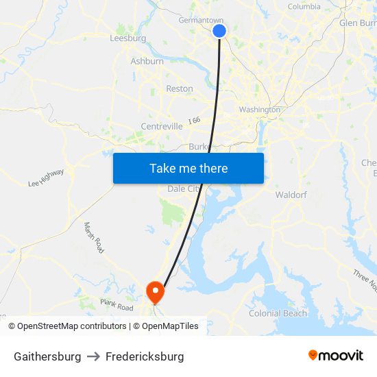 Gaithersburg to Fredericksburg map