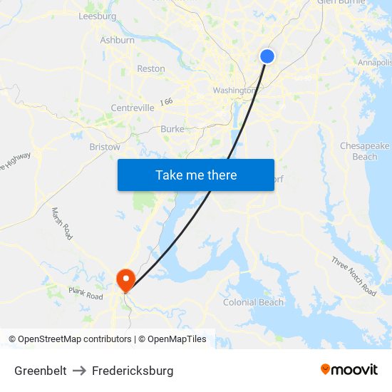 Greenbelt to Fredericksburg map
