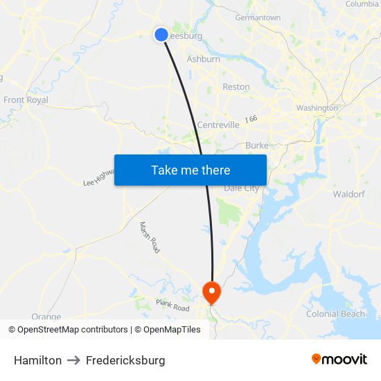 Hamilton to Fredericksburg map