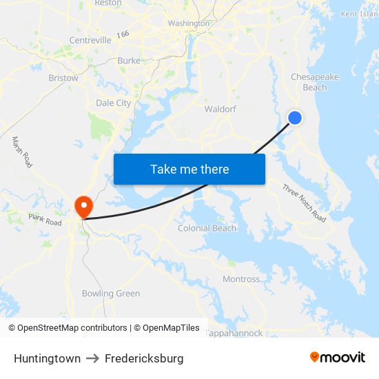 Huntingtown to Fredericksburg map