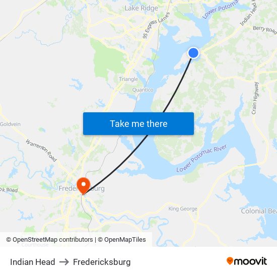 Indian Head to Fredericksburg map