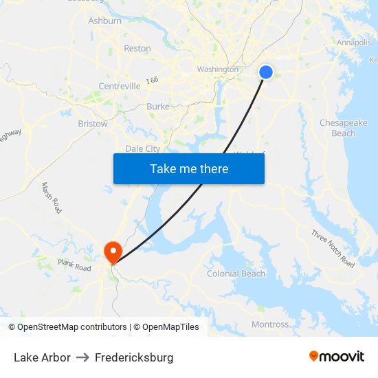 Lake Arbor to Fredericksburg map