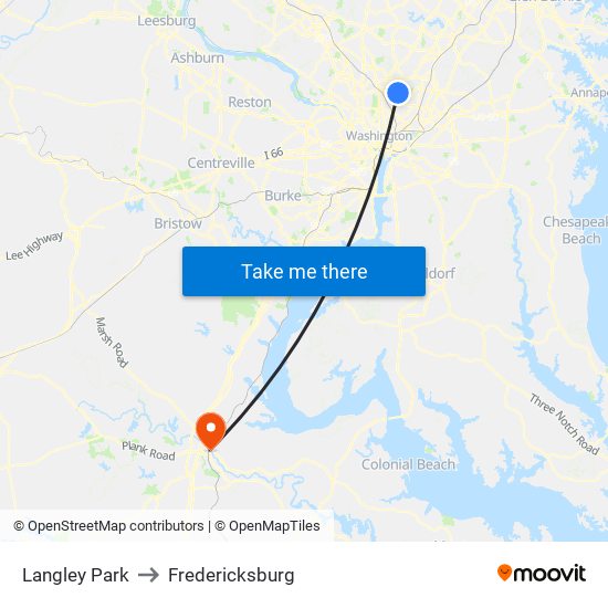 Langley Park to Fredericksburg map