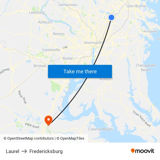 Laurel to Fredericksburg map