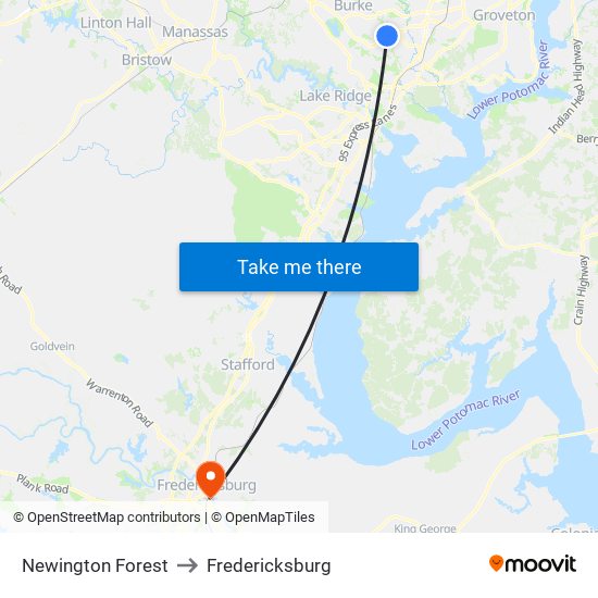 Newington Forest to Fredericksburg map