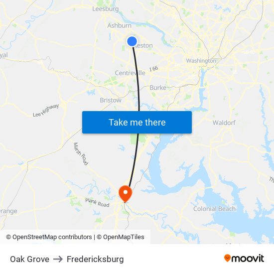Oak Grove to Fredericksburg map