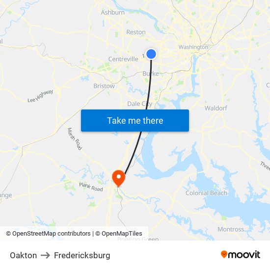 Oakton to Fredericksburg map