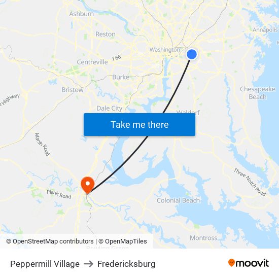 Peppermill Village to Fredericksburg map