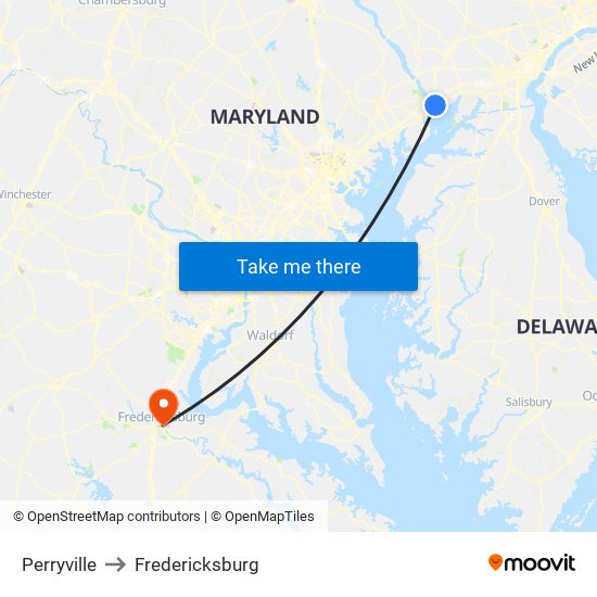 Perryville to Fredericksburg map