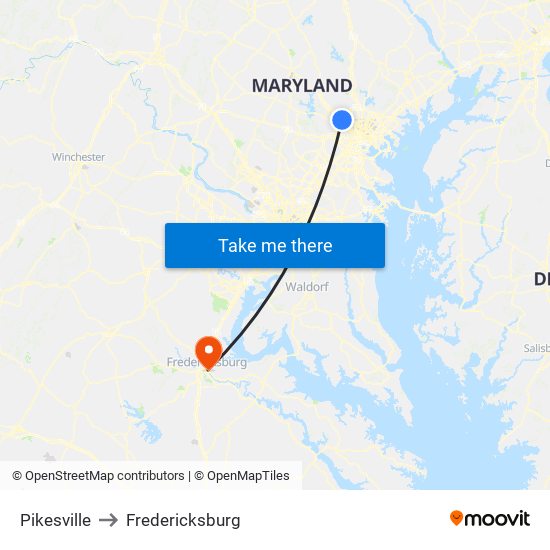 Pikesville to Fredericksburg map