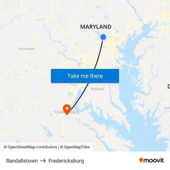 Randallstown to Fredericksburg map