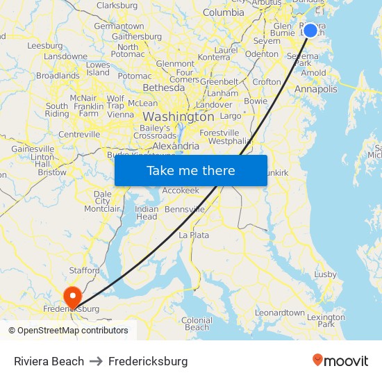 Riviera Beach to Fredericksburg map