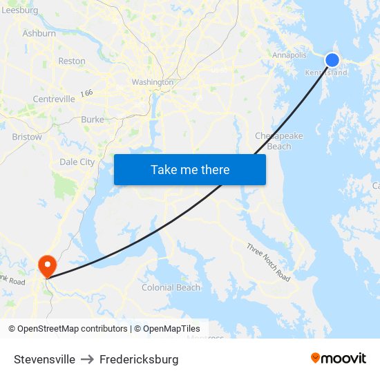 Stevensville to Fredericksburg map