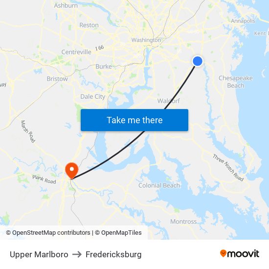 Upper Marlboro to Fredericksburg map