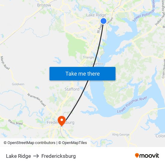 Lake Ridge to Fredericksburg map