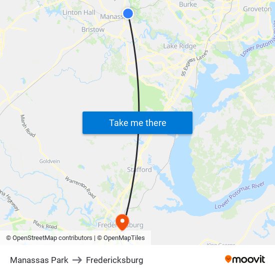 Manassas Park to Fredericksburg map