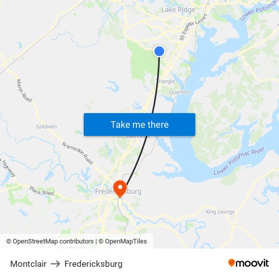 Montclair to Fredericksburg map