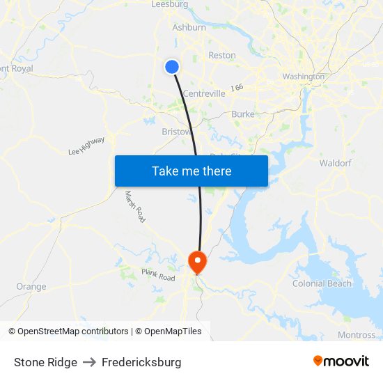 Stone Ridge to Fredericksburg map