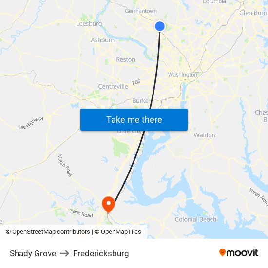 Shady Grove to Fredericksburg map