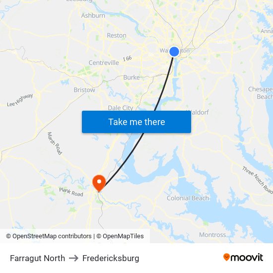 Farragut North to Fredericksburg map