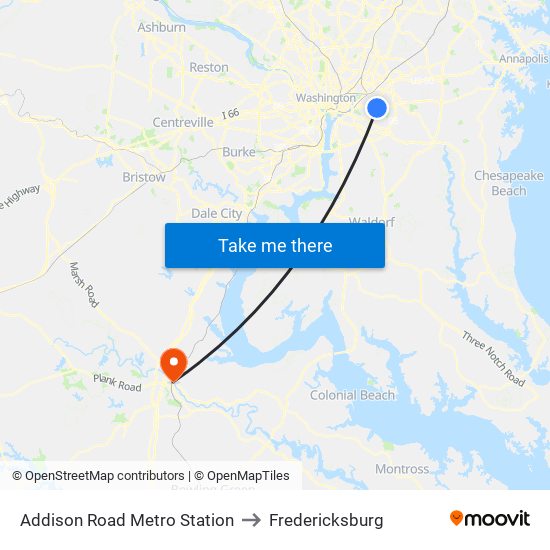 Addison Road Metro Station to Fredericksburg map