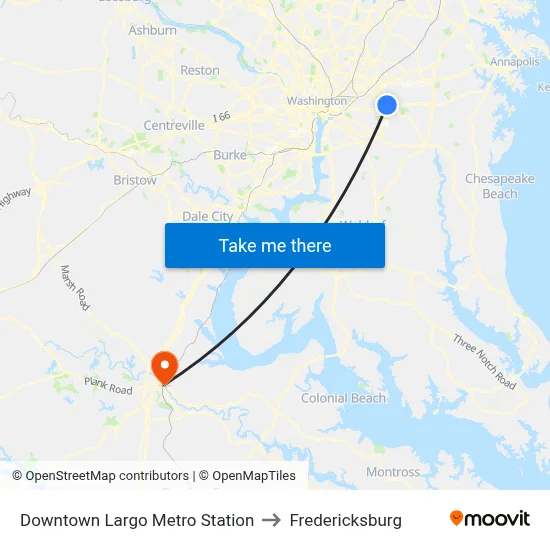 Downtown Largo Metro Station to Fredericksburg map