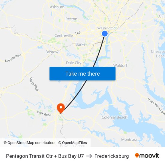 Pentagon Transit Ctr + Bus Bay U7 to Fredericksburg map