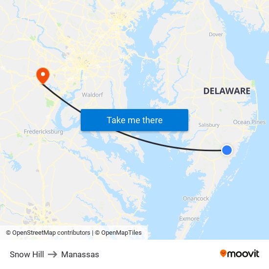 Snow Hill to Manassas map