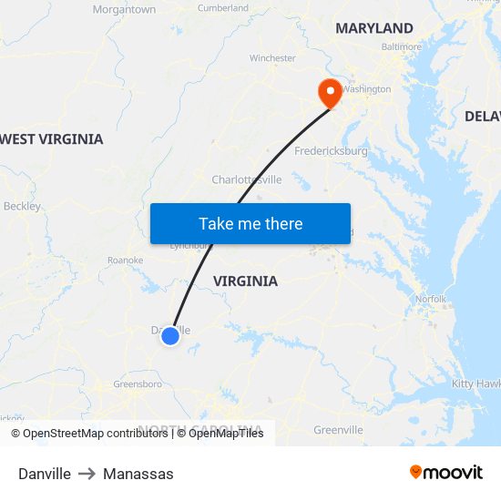 Danville to Manassas map